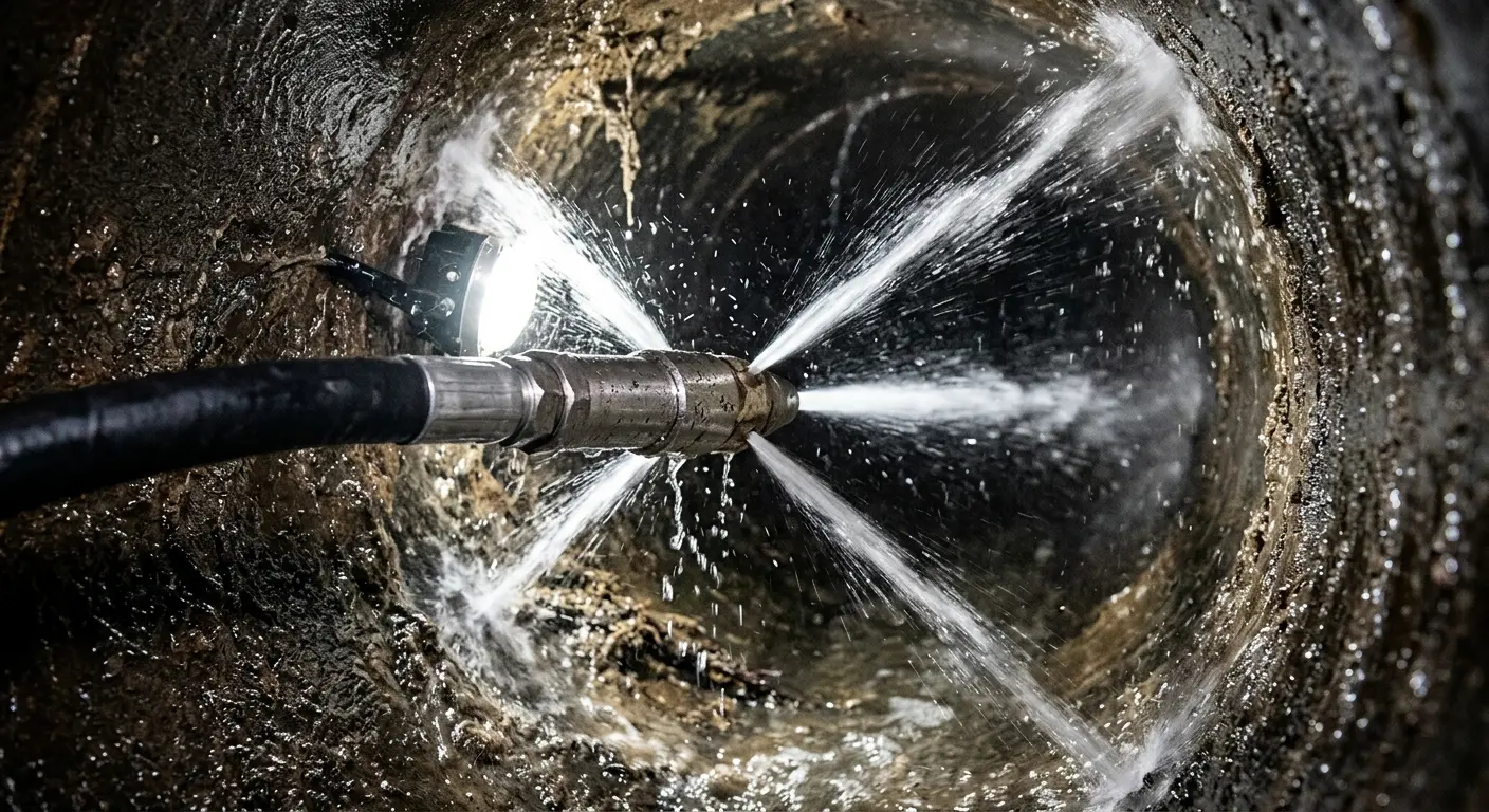 High-pressure hydro jetting nozzle cleaning sewer pipe for Trenchless Sewer Repair in Old Lyme