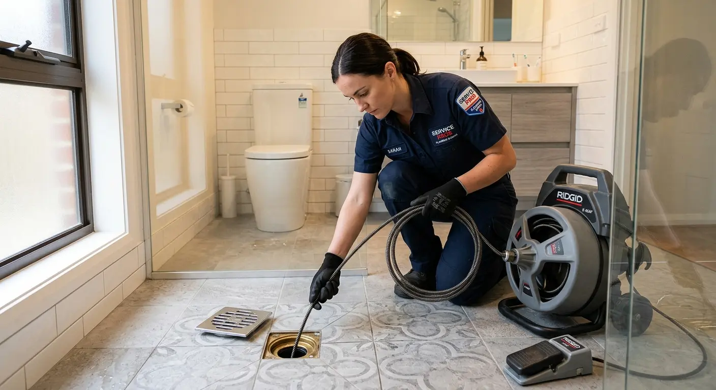 Technician clearing a bathroom floor drain for Sewer Line Installation in Old Lyme